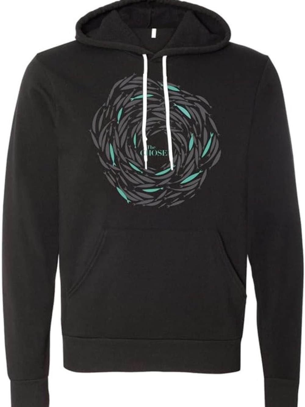 Black Pullover Hoodie with Teal Graphic Detail